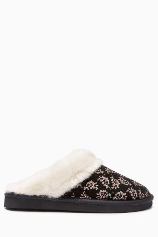 Monochrome Rose Print Suede Mule Slippers